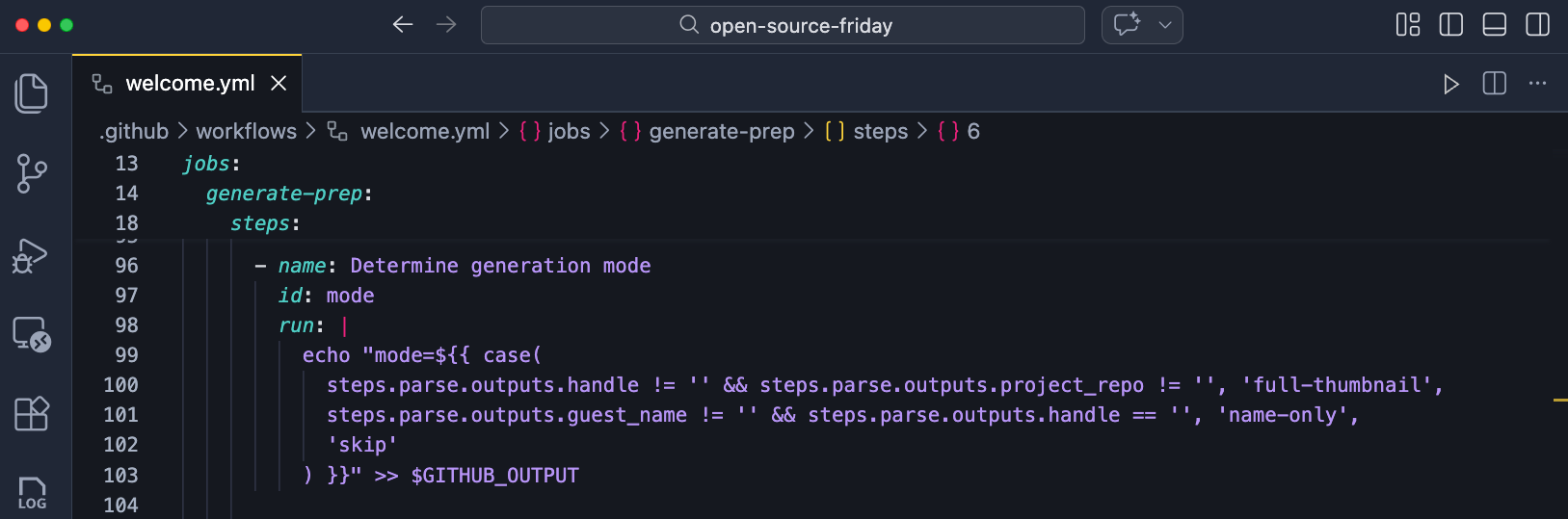 La funcion case en welcome.yml, lineas 96-103, mostrando los tres predicados para full-thumbnail, name-only y skip