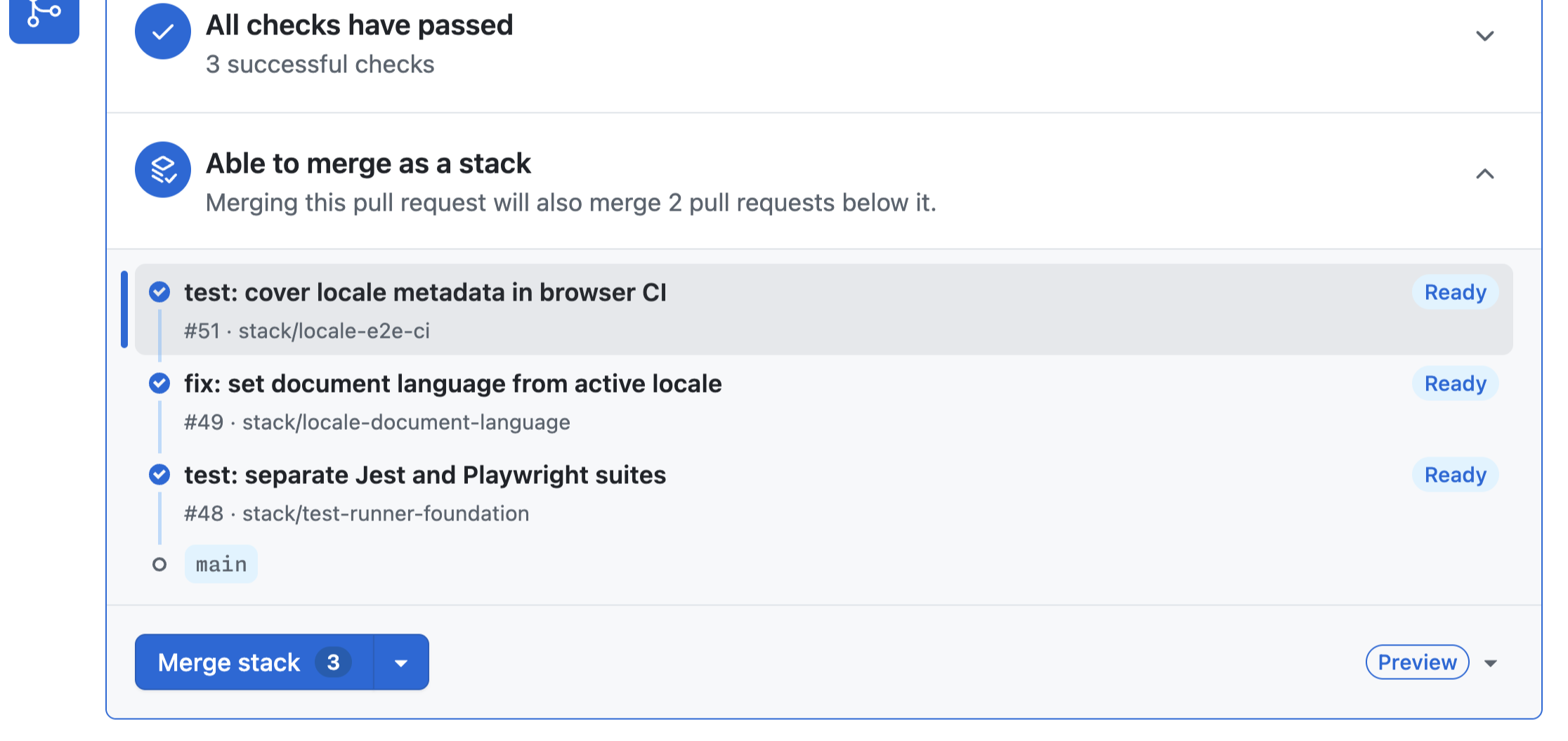 The GitHub merge panel showing a 3/3 stacked pull request ready to land